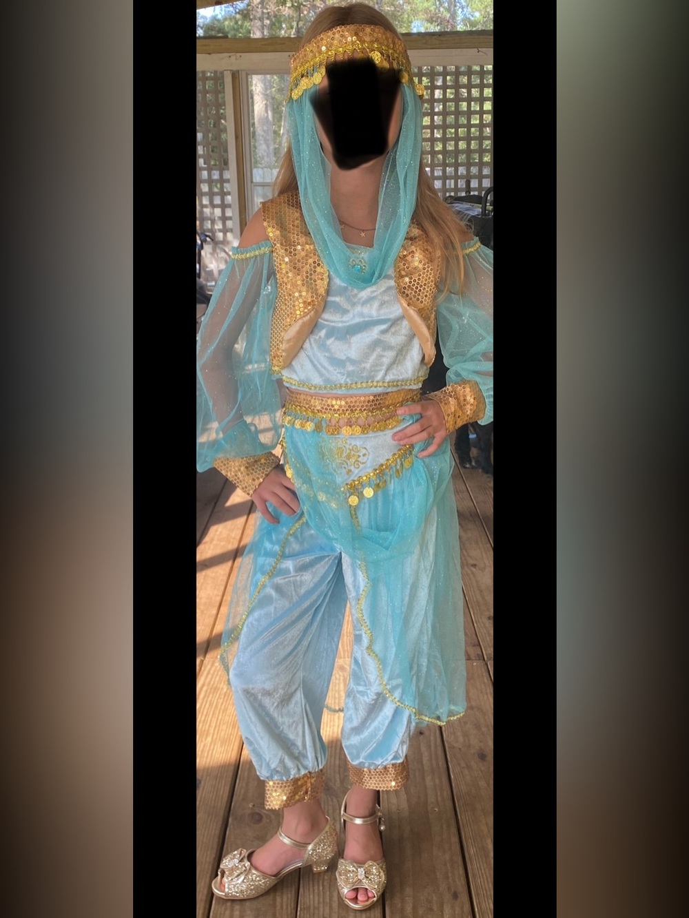 Girls Aqua and Gold Genie Costume - Classic Kids Halloween Outfit